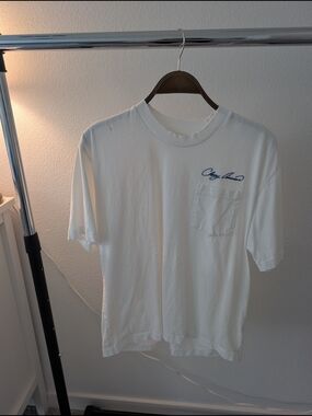 Cherry LA White Tee with Red Script Tag and Blue Logo